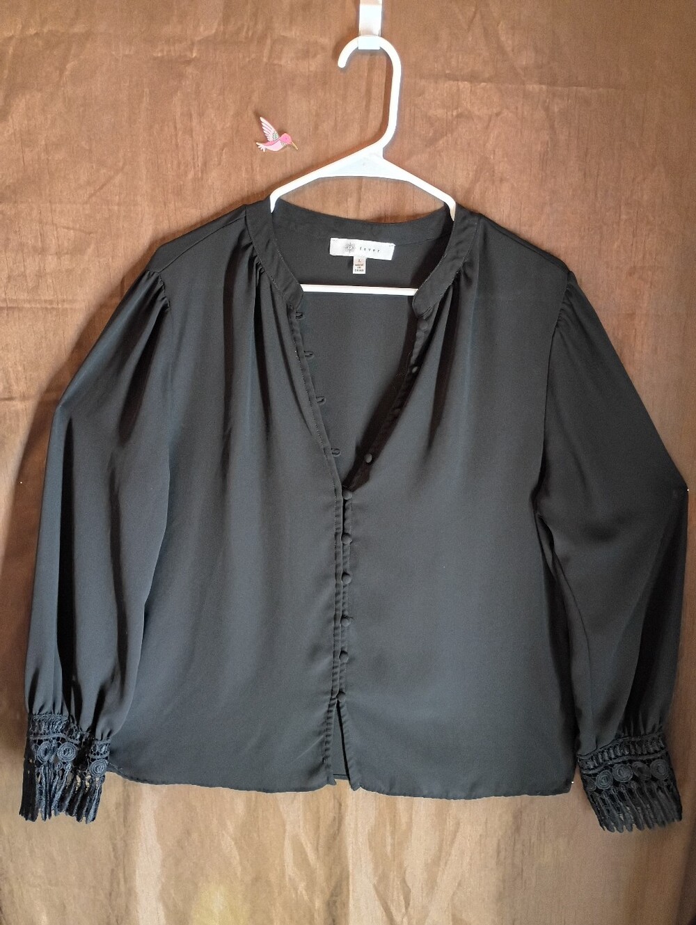 Fever Black Button-Front Long Sleeve Blouse with Lace-Trim Cuffs